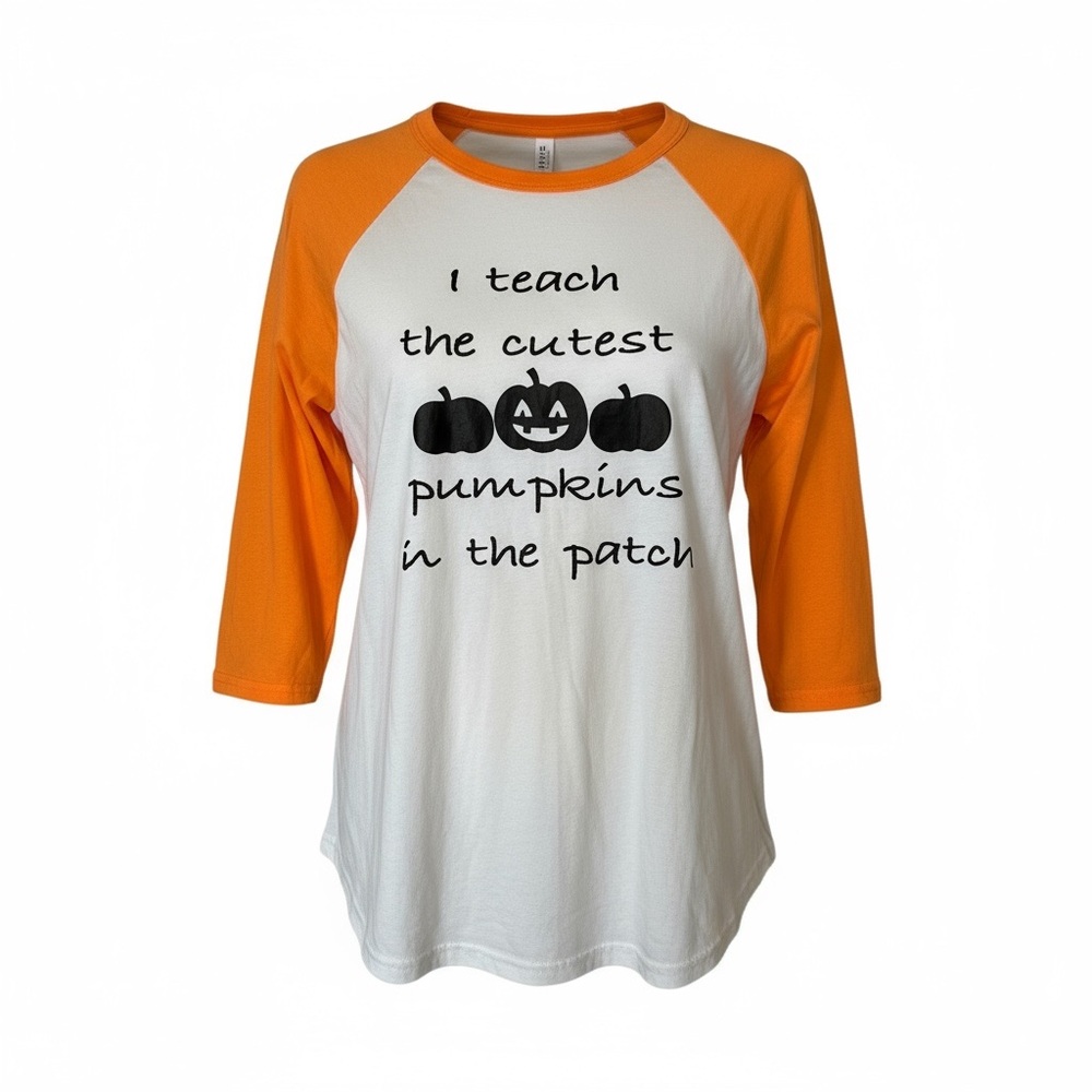 Halloween Shirt for teachers , White with Orange Raglan Sleeves, Women’s size M